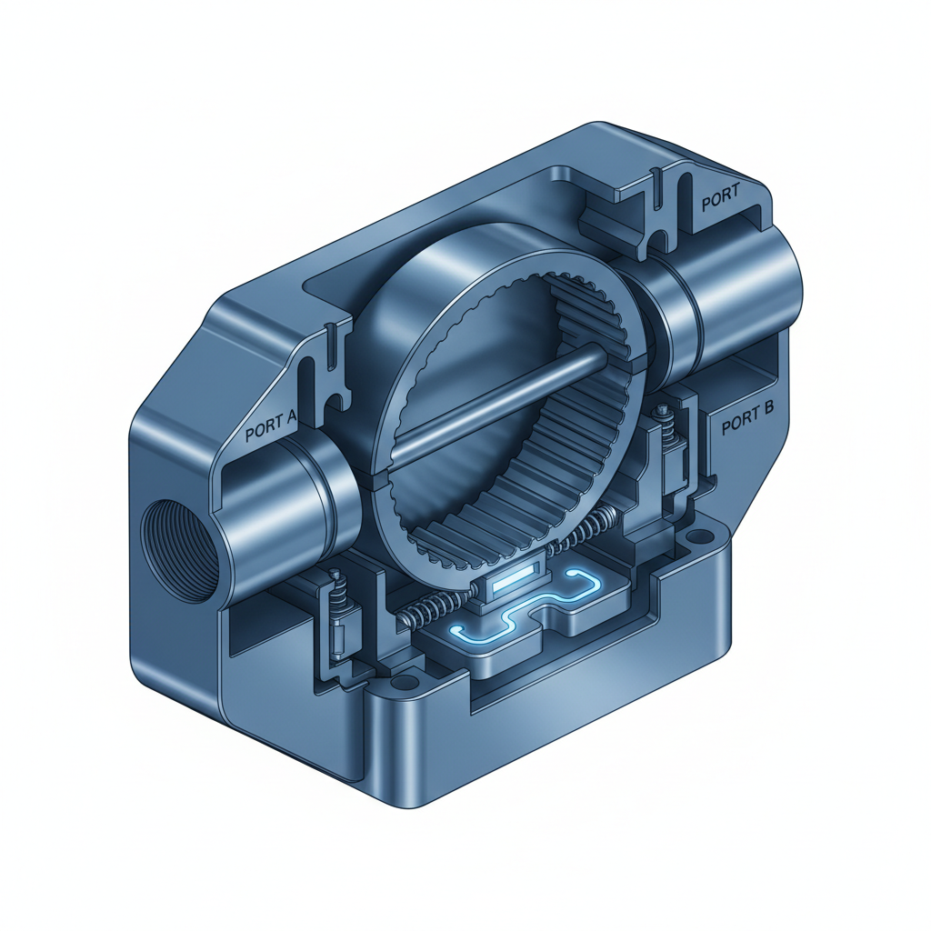 Cutaway view of a differential pressure transducer showing the sensing diaphragm between high and low pressure ports